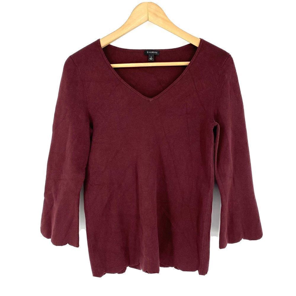 Talbots Sweater Size Small Womens Merlot Scalloped Hem V Neck Pullover Knit
